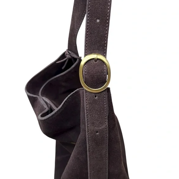 Chocolate Brown 100% Genuine Suede Leather Slouchy Hobo Bag Gold Buckle Strap - Picture 6 of 16